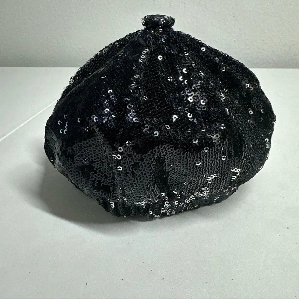 Justice Sequin Black Cadet Style Cap One Size Black Silver Elastic Back